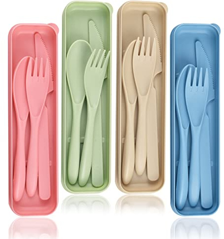 Besteck-Set mit Etui, Tragbares Reisebesteck Camping Besteck set (Blau, Grün, Rosa, Beige)