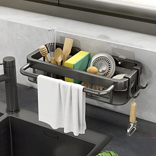 Spülbecken Organizer für Küche Kein Bohren Küchen Caddy Halter Ablage für Küchenzubehör Waschbecken Organizer Küche Schwammhalter Organizer Korb Schwarz Spülbecken mit Handtuchhalter und Haken