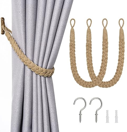 Pretty Jolly Vorhang Raffhalter aus natürlichem Baumwollseil, eleganter, dekorativer Vorhang-Raffhalter im Boho-Stil, weiche, handgewebte Seil-Vorhanghalter für Zuhause und Büro, Khaki, 2 Stück