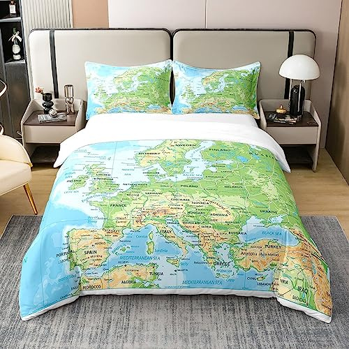 100% Natürliche Baumwolle Weltkarte Tröster Abdeckung 135x200,Blauer Ozean Bettwäsche Set für Kinder,Karte von Verschiedenen Ländern Bettbezug Abstrakte Kunst Quilt Cover Atmungsaktive Zimmer Dekor