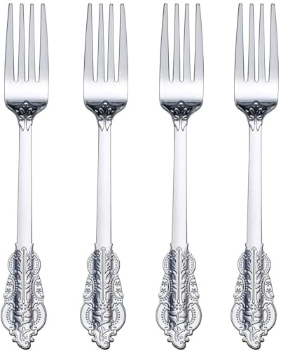 WDF 100 Piece Silver Forks Disposable - 7.48 Inch Silver Plastic Forks - Baroque Silverware for Dessert Cake - Heavy Duty Plastic Fork for Party Wedding or Daily Using Baby Shower Spring