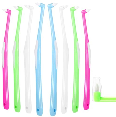 RAYITO 8 Pcs Interspace Toothbrush, Soft Single Tufted Toothbrush with Cover Slim Interspace toothbrushes interdental Brushes for Orthodontic Braces Detail Cleaning(Blue/Green/Rose Red/White)