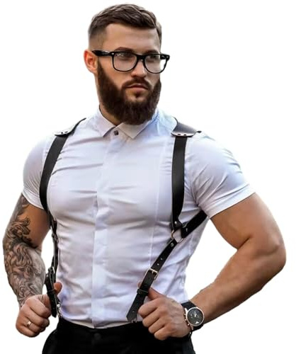BaronHong Bretelle Rinascente in pelle sintetica, supporto dorsale vintage da uomo, ganci in metallo, steampunk, fatto a mano, Nero , M