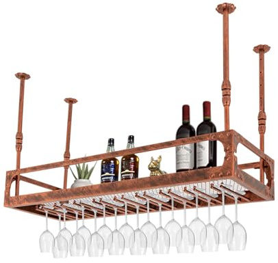 Begoniape Deckenregal Weinregal Weinflaschenhalter Hängender Retro Eisen Dekoration Regal Höhenverstellbare Hängeregal bis 50kg für Bar Café Küche Bronze (100 * 35 * 35-55 cm)