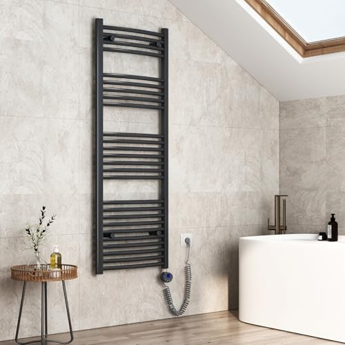 EMKE Badheizkörper Elektrisch 140 x 50 cm, Gebogen Handtuchheizkörper Elektrisch mit Thermostat, Handtuchtrockner Handtuchwärmer mit Timer Anthrazit 600W