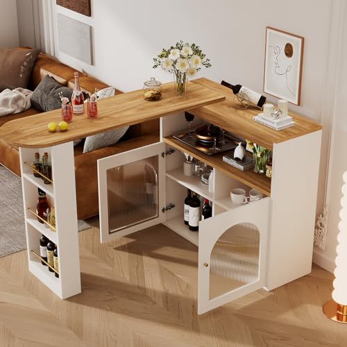 soges Bartisch Bistrotisch Esstisch mit Drehplatte, Küchenschrank Buffet Sideboard, Aufbewahrungsschrank & Pub-Tisch in Einem für Esszimmer