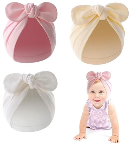 FUIPVGI 3 Piezas Gorro Bebe Recien Nacido, Lindo Algodón Gorros con Lazo Gorro Nacimiento Gorrito Bebe, Gorras para Niño Niña Infantil Turbante Bebé Nudo Sombrero Beanie Gorro (Blanco, Beis, Rosa)
