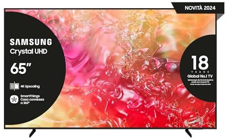 Samsung Smart TV 65 UE65DU7170UXZT, Crystal 4K UHD, 4K Upscaling, Slim Look, DVBT-2, Q-Symphony & OTS Lite, Integrato con Bixby, comp con Alexa e Google Assistant, Black 2024
