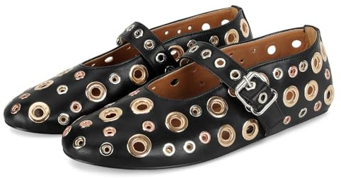MICIFA Ballerinas für Damen mit Schnalle Riemen Mesh Perforiert Metall Nieten Mary Jane Bequeme Ballerina Flache Schuhe Metallic, Schwarz, 40.5 EU