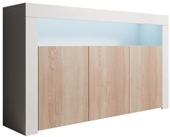 MB Muebles Bonitos - Buffet Salle à Manger Aker - Bahut Salon Design Scandinave avec LED - 3 Portes - Meuble de Rangement - Blanc Mat et Chêne Sonoma Mat - 155 x 91,5 x 37 cm