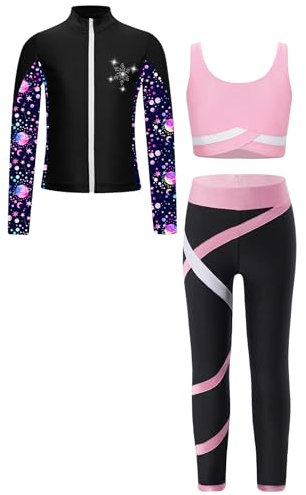 Miutii Mädchen Sport Set Trainingsanzug 3tlg. Sweatjacke + Sport BH Tops + Hose Leggings Eiskunstlauf Anzug Fitness Yoga Gym Jogginganzug Rosa 110-116