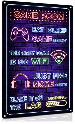 Game Tin Sign Funny Gaming Metal Poster Bedroom Signs Games Room Pictures and Plaques Gamer Wall Art Door Hanging Decor Printed Vintage At Work Accessories for Teen Boys Man Home Room Decor 8 x 12inch