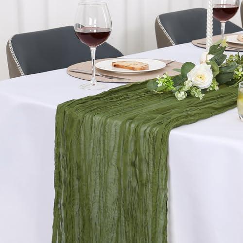 Jumdast Käsetuch Tischläufer Boho, Tischläufer Modern, Table Runner | Tischläufer Outdoor Weihnachten abwaschbar Musselin Chiffon Stoff Hochzeitsdeko Taufe Deko Tischdeko (Olivgrün, 90 x 300 cm)