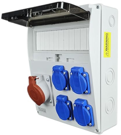 RoadEu - Quadro Elettrico di Distribuzione Industriale. Presa CEE 16A con 4x Schuko 230V. Completamente cablato, per uso interno ed esterno. Ideale per il garage, il capannone o la fabbrica