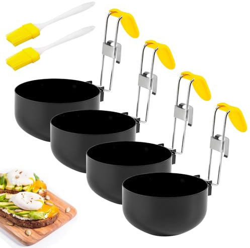 4 Pcs Stainless Steel Egg Poachers,Collapsible Hang Ear Egg Boiler Poached Egg Maker with 2 Brushes,Non-Stick Round Poached Egg Cooker Egg Rings,Egg Poacher Pan for Kitchen Tool Anti Scalding