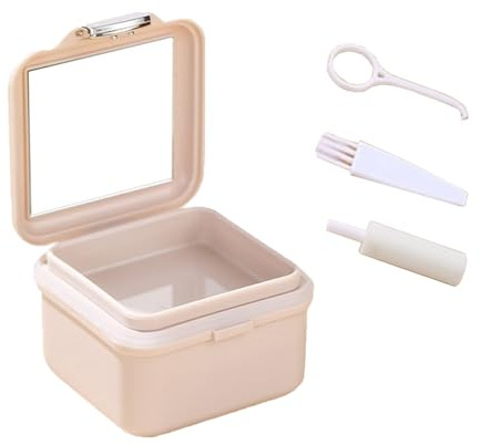 SQOYEI Portable Boite Gouttiere Dentaire Avec Miroir, Brosse de Nettoyage Design Drainant Boite Dentier Adulte Grande Capacité Boite Appareil Dentaire Salle à Manger(Apricot)