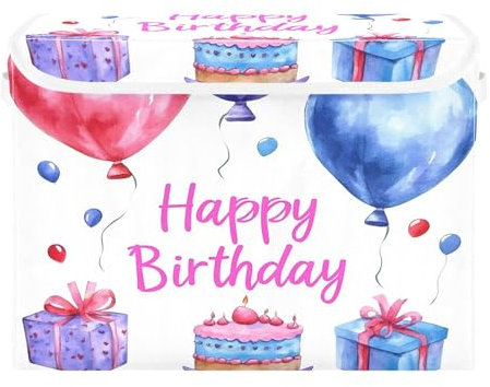 Sevdomey Contenitori portaoggetti per palloncini di compleanno ad acquerello, con coperchi e maniglia per il trasporto, contenitori pieghevoli per casa, camera da letto, armadio, ufficio, scuola