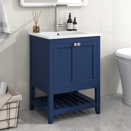Mobile da bagno singolo con base 60 cm con lavabo in ceramica (blu)