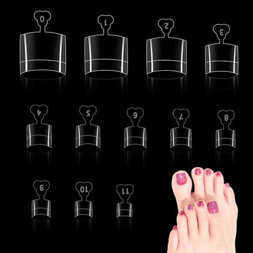JSRQT 240 Pièces Faux Ongles pour Pieds, 12 Tailles Faux Ongles Français d'Orteils Courts Carrés Demi-Couvrants, Tips Ongles Artificiels Capsules avec Poignées pour Femmes Filles, Nail Art Salon