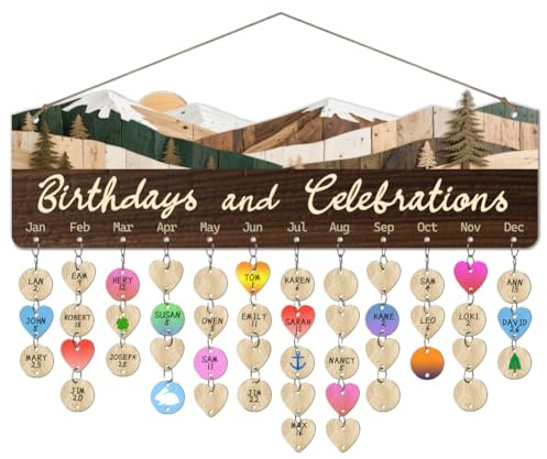 arricraft 1 set di tavole di legno per il calendario dei compleanni della famiglia, tavole di pini di montagna con 100 pezzi di cartellini per appendere una placca per la decorazione della casa.
