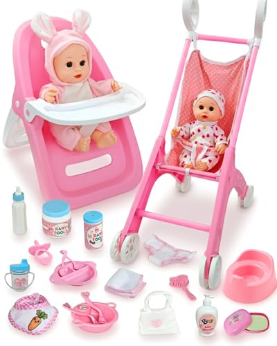 PLAYFULBAY Baby Doll Accessories Set,28-Piece Playset with baby doll pram & High Chair, 2 Outfits,Imaginative Role-Play Gift Ages 2+