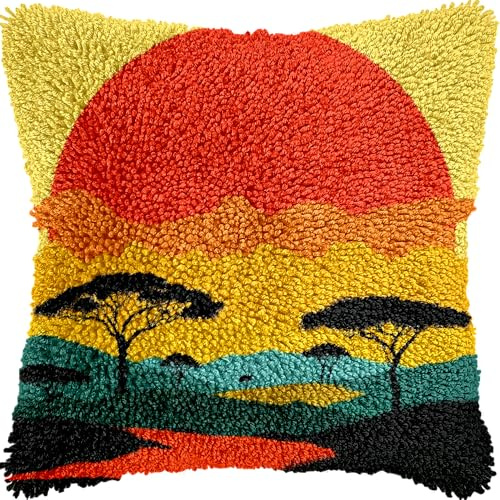 African Scene Sunset DIY Latch Hook Kits Pillow with Printed Canvas Cushion Crochet Yarn Embroidery Hook and Latch Kit Pillowcase Christmas Decor 43x43cm(3)