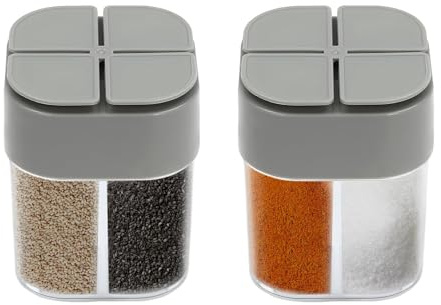 eaacaa 2 Pcs Gewürz Dispenser, 4 in 1 Gewürzstreuer Camping, Grau Kunststoff Quantitative Gewürzstreuer, Reisegewürzbehälter, für unterwegs, Camping, Picknick, Outdoor, Küche, Lunchboxen, Reisen