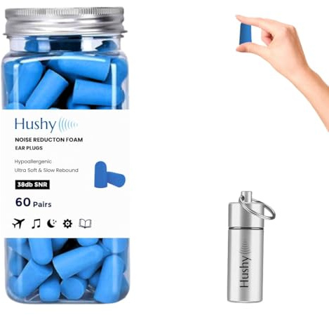 Hushy Premium Foam Earplugs for Sleep & Noise Cancelling, 120-Pack (Midnight Blue) – 38dB SNR Ultra Soft Hypoallergenic Ear Plugs for Sleeping, Study & Travel with Carry Case