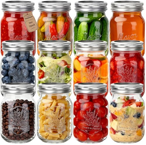 HYCKee 480ml 12 Pack Mason Glass Jars with Airtight Lids and Bands, Embossed Design Canning Jars, Regular Mouth Glass Jars for Pickling, Meal Prep, Freezing, Fermenting, Preserving, Jar Décor