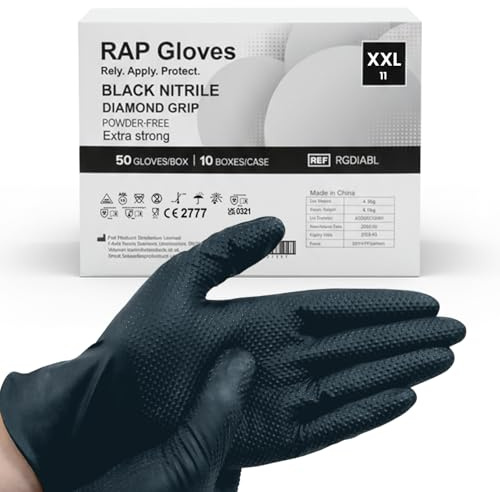 500 Black Nitrile Disposable Gloves XXL Heavy Duty Diamond Grip Extra Thick | Latex free and powder free, non slip raised texture, tear and puncture resistant, for mechanics, workshops and automotive use