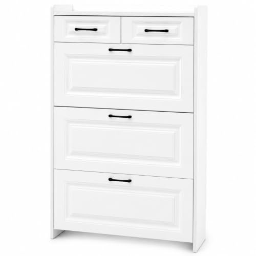 HIKUUER Schuhschrank mit 2 Schubladen 3 Flip-Schubladen 80 x 24 x 120 cm Schuhschrank Weiss Schuhablage Verstellbar ca.16-20 Paar Schuhe Kapazität Shoe Cabinet