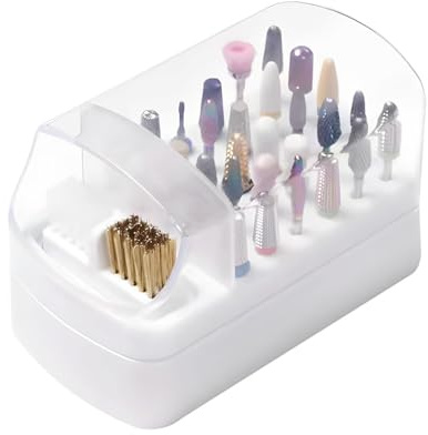 Scatola Per Pulizia Punte Per Unghie 2 In 1 - Contenitore Espositivo Bianco Da 30 Slot, Spazzola In Nylon | Supporto Per Fresa Antiscivolo, Custodia Per La Pulizia Della Polvere Per Punte Da