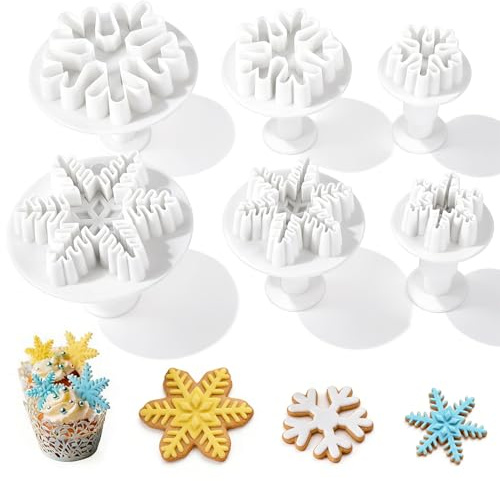 Nuyoah Fondant Ausstecher Schneeflocken Cutters Set Elsa Tortendeko | Torten Zubehör 6tlg Kleine Schnee Weihnachten Ausstechformen Auswerfer Backzubehör für Keksen Kuchen Schokolade DIY