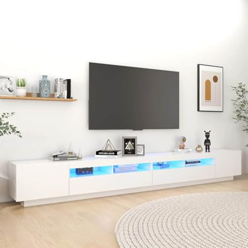 YNGBHFNOP Meuble TV Blanc Moderne avec Éclairage LED RVB 300 cm, Meuble de Salon avec Rangement pour Console de Jeu et Appareils Multimédias, Design Tendence Pratique pour Salle de Séjour et Bureau
