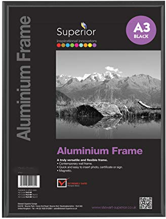 SECO A3-Bilderrahmen aus gebürstetem Aluminium mit Plexiglas-Sicherheitsglas, magnetisch, perfekt für zu Hause/Büro, 18 mm Rahmenkante, schwarz