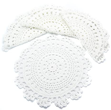 kilofly Manteles individuales redondos de ganchillo hechos a mano con encaje de algodón, paquete de 4 unidades, medallón, 25 x 24,5 cm, color blanco