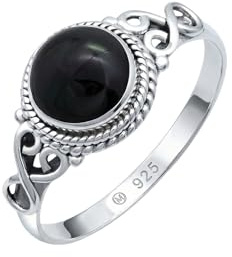 mantraroma Bague femme en argent 925 onyx ronde pierre noire boucles