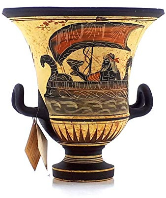 Antike, griechische Vase, Krater, Keramik, Göttin Aphrodite & Gott Dionysos, 17,5 cm, Schwarz / Rot