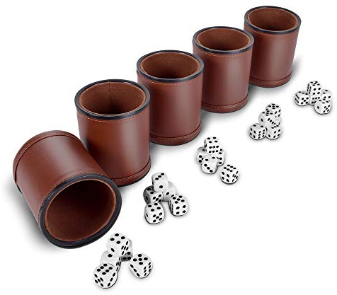 RNK Gaming 5 Pack of Professional Dice Cups PU Leather and Brown Velvet Lined, Includes 25 White Six-Sided Dice