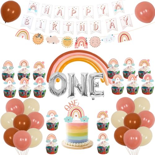 Fangleland Boho Regenbogen 1. Geburtstag Dekorationen, Böhmische Regenbogen Ballon Happy Birthday Banner Kuchen Topper für Mädchen Ersten Geburtstag Party Supplies