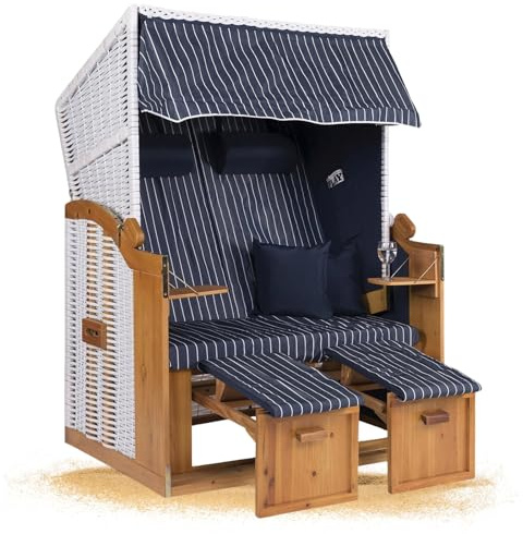 Strandkorb Hanse Strandkorb Ostsee XXL Volllieger Weiß Blau - 2-Sitzer 120cm breit, ideal für Garten, Terrasse und Balkon (Weiß Blau Nadelstreifen, Montiert)