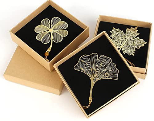 Boisbresil 3D Metall Lesezeichen (3 Stück) - Gold Klassisch Style, Hohles Blattmuster (Kleeblatt/Ginkgo/Ahorn) mit Quaste, Geschenkbox Included