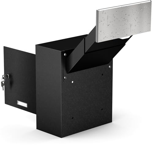 Metateel Through-The-Wall Drop Box with Rainproof Slots, 12.28''x6.4''x14.87'', Heavy Duty Steel Mailbox with Key Lock and 6.63-11.7 Adjustable Chute, for Mail, Checks, Letters, Cash (Black)