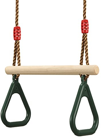 PELLOR Multifunktions Kinderholz Trapeze Schaukel mit Kunststoff Turnringe zum Aufhängen belastbar bis 160KG Grün