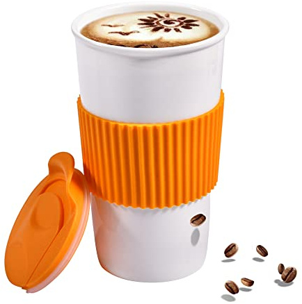 fMSDD Allround-Kaffeebecher mit Deckel und Silikonhülle, wiederverwendbar, isoliert, 340 ml, BPA-frei, Gesundheitsgeschenk, Orange-Weiß