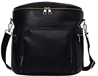 USRA Wickeltasche aus echtem Leder, Handtasche, Rucksack für Mütter, langlebige Qualität, funktionale Umstandstasche, Schwarz, Large, Vollnarbenleder