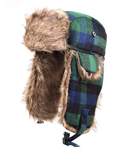 DEPAJA Russische Mütze Ushanka Fliegermütze Unisex Plaid Trapper Ohrenschützer Mütze Winter Warme Ohrenschützer Ohne Traufe Skimützen Geeignet Für Radfahren, Grün, Einheitsgröße