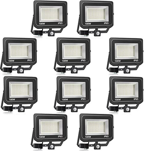 bapro 10x Spot LED 100W avec détecteur de mouvement, projecteur LED Superhell, projecteur LED 6000K, spot extérieur LED étanche IP65, lampe extérieure LED pour jardins, cours, garage, hôtel