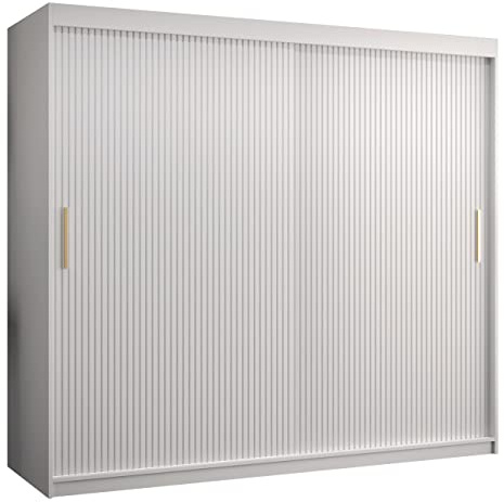 Mirjan24 Kleiderschrank Kirtan Slim I, Schwebetürenschrank mit 2 Kleiderstangen, Schiebetürenschrank mit Zierstreifen für Schlafzimmer, Garderobe (Modell 200, Weiß/Weiß)