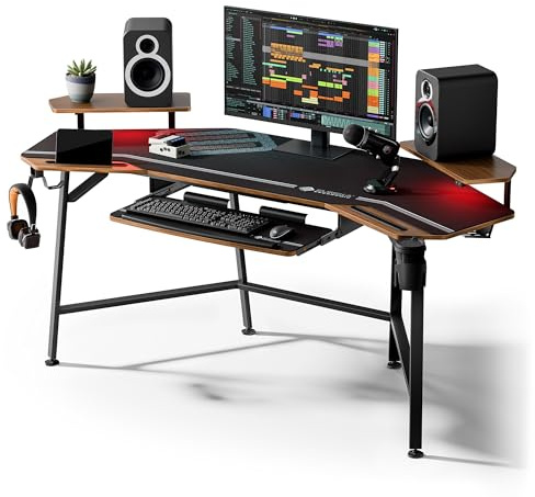 EUREKA ERGONOMIC 72 Gaming Desk W Keyboard Tray, Wing-Shaped Music Studio Desk, Large Computer Table W LED Convertible Monitor Stand Dual Headphone Hanger for Recording Live Streamer, Walnut Wood